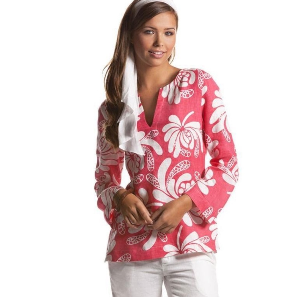 Coastal Chic Pink Linen Beach Tunic Floral‎ Print Lightweight Top